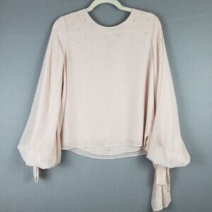 Vince Camuto Size S Bubble Bow Sleeve Crepe Blouse Pink Gold Polka Dot‎ Feminine